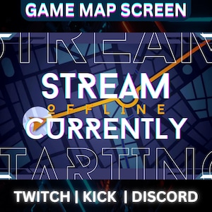 May include: A blue and purple graphic with the text "STREAM OFF LINE CURRENTLY STARTING" on a map background. The text "TWITCH | KICK | DISCORD" is at the bottom of the graphic.