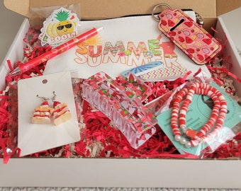 Summer Red Apple Clay Bead Bracelet Goodie Bag includes earrings, lip balm holder, hair clip, stickers, pen, mini nail files