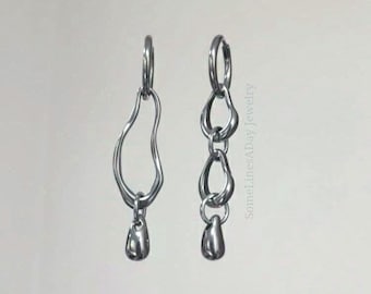 Zeta Asymmetrical Mismatched Dangle Hoop Earrings | Stainless Steel Silver or Gold Toned