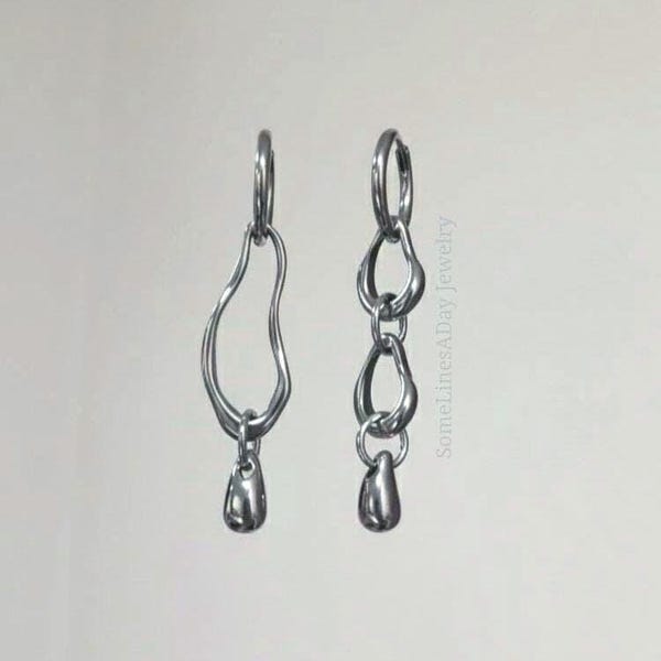 Zeta Asymmetrical Mismatched Dangle Hoop Earrings | Stainless Steel Silver or Gold Toned