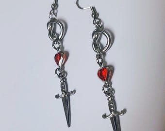 Dagger Red Heart Gothic Earrings