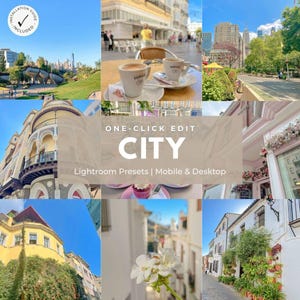 May include: A collection of city images, featuring buildings, outdoor cafes, and urban views. The text "ONE-CLICK EDIT CITY Lightroom Presets | Mobile & Desktop" is displayed. A small circle with the text "INSTALLATION GUIDE INCLUDED" is in the upper left corner.