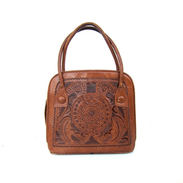 1950's / 60's Tooled Leather Handbag Zodiac Floral Motif - from 65
