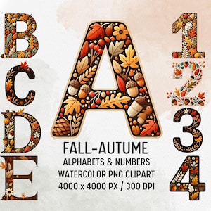 Watercolor Autumn Alphabet, Numbers PNG, Fall Letters Digital Download, Seasonal Font for Sublimation, Crafts, autumn leaves, Fall Clip Art