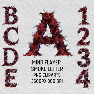 May include: Digital clip art featuring letters A, B, C, D, and E, and numbers 1, 2, 3, and 4. The letters and numbers are designed with a red smoky effect and blue lightning accents. Text at the bottom reads "MIND FLAYER SMOKE LETTER PNG CLIPARTS 3600PX 300 DPI."