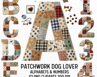 Alphabet patchwork pour amoureux des chiens, clipart PNG (téléchargement numérique)