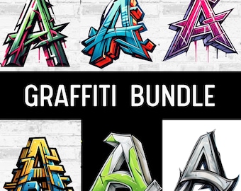 Peut inclure: Un ensemble de six lettres A de graffiti numériques dans différentes couleurs et styles. Les lettres sont stylisées avec des lignes audacieuses et des gouttes, créant une esthétique vibrante et urbaine. Le texte "GRAFFITI BUNDLE" est affiché sous les lettres.