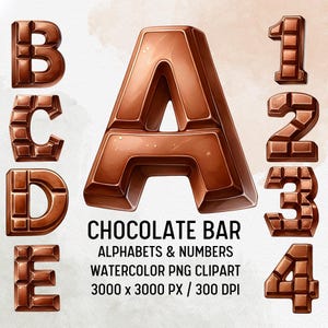 CHOCOLATE BAR Alphabets Watercolor Clipart PNG Transparent Background Sublimation Commercial Use ClipArt Sweet Font Birthday Gift