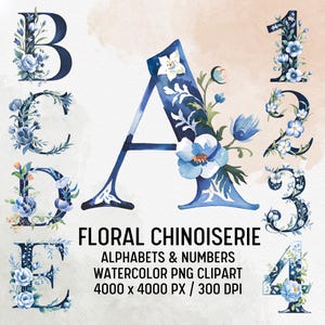 Chinoiserie Alphabet PNG designs, Watercolor Flowers Alphabet PNG, Chinoiserie Floral Clipart, Watercolor Blue Chinoiserie,Chinoiserie Print