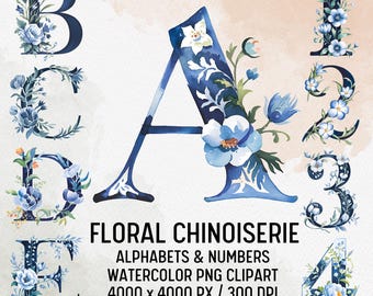 Alfabeto floral chinoiserie PNG: Clipart de acuarela (Descarga digital)