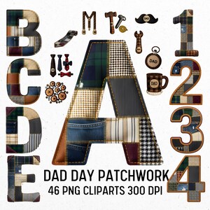 Puede incluir: Un collage digital con letras y números de patchwork, junto con ilustraciones temáticas del Día del Padre. La letra 'A' es prominente, con los números 1-4, corbatas, herramientas y una taza. El texto 'DAD DAY PATCHWORK' también está presente.
