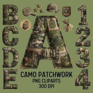 May include: A digital collection of camouflage-patterned letters and numbers featuring a patchwork design. The set includes the letters A through E and numbers 1 through 4, accompanied by military-themed icons like stars, a helmet, and tags.