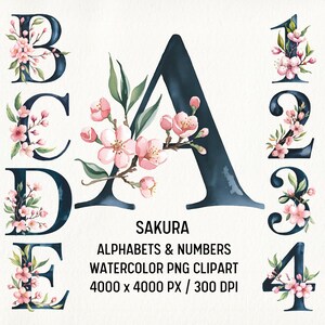 Alfabeto de Sakura PNG, paquete de imágenes prediseñadas de letras florales de acuarela, monograma de flor de cerezo en acuarela PNG, imágenes prediseñadas de primavera, fuente de boda