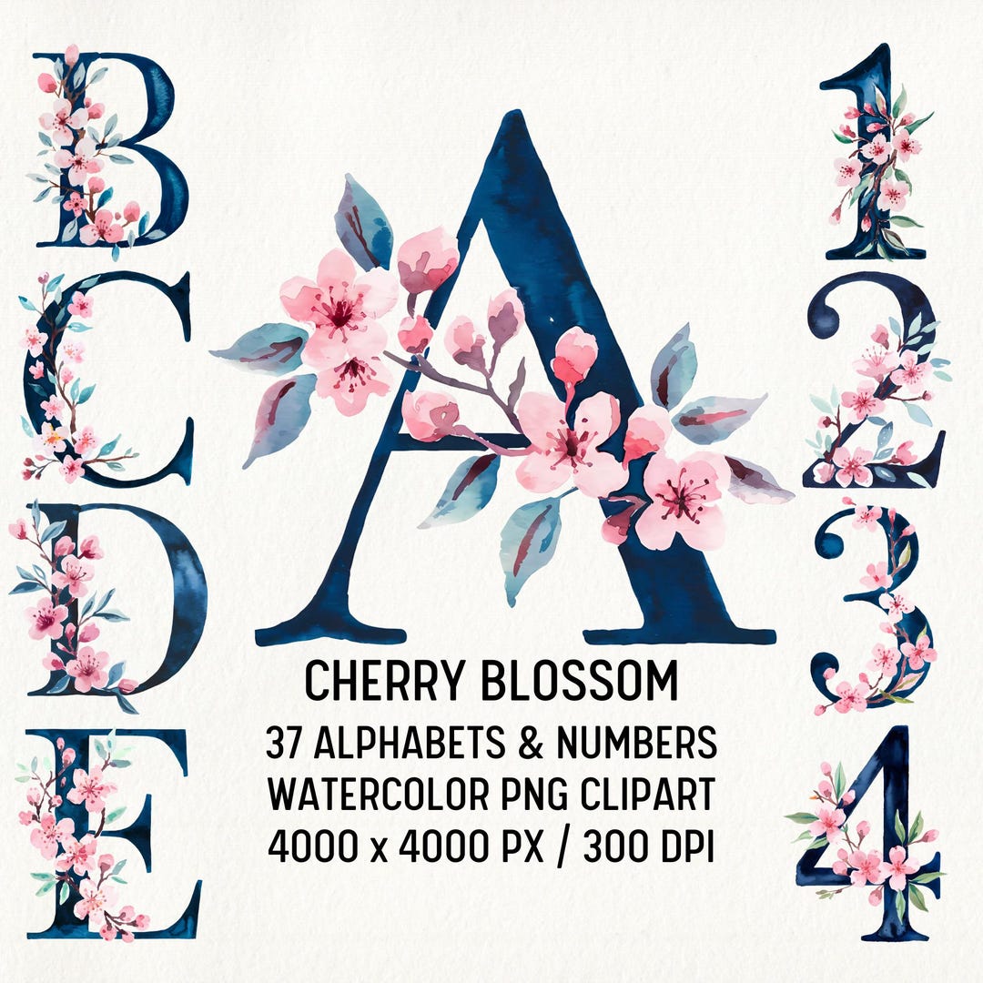 Cherry Blossom Alphabet Clipart: Watercolor Floral Letters, Spring Font ...