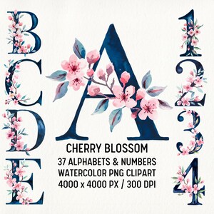 Paquete de imágenes prediseñadas del alfabeto de flor de cerezo, letras florales, fuente de primavera, flor de Sakura, letras florales de acuarela, monograma de boda