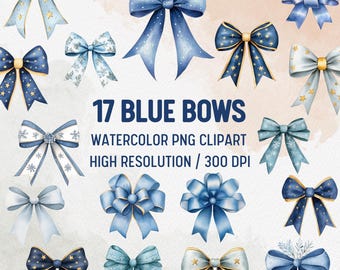 Blue Watercolor Bow Clipart, Coquette PNG Bundle (Digital Download)