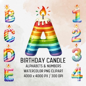 Compleanno candela alfabeto clipart PNG colorato arcobaleno lettere di compleanno download digitale per decorazioni per feste artigianato istruzione