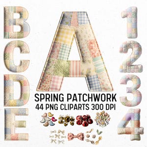 Peut inclure: Ensemble de lettres, de chiffres et de cliparts sur le thème du printemps, en patchwork. Les lettres A, B, C, D et E sont affichées, ainsi que les chiffres 1, 2, 3 et 4. Des cliparts supplémentaires incluent des oiseaux, des abeilles, des coccinelles, des fleurs et des nœuds. Le texte indique "SPRING PATCHWORK 44 PNG CLIPARTS 300 DPI."