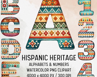 Könnte beinhalten: Aquarell-Alphabet und Zahlen-Clipart im hispanischen Stil. Die Buchstaben und Zahlen sind mit bunten Mustern und Blumen verziert. Das Bild enthält den Text "HISPANIC HERITAGE", "ALPHABETS & NUMBERS", "WATERCOLOR PNG CLIPART" und "4000 x 4000 PX / 300 DPI".