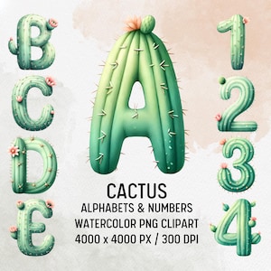 Alfabeto de cactus, letra suculenta, fuente de planta del desierto, letra de naturaleza verde, alfabeto boho occidental, fuente del suroeste, cactus tropical