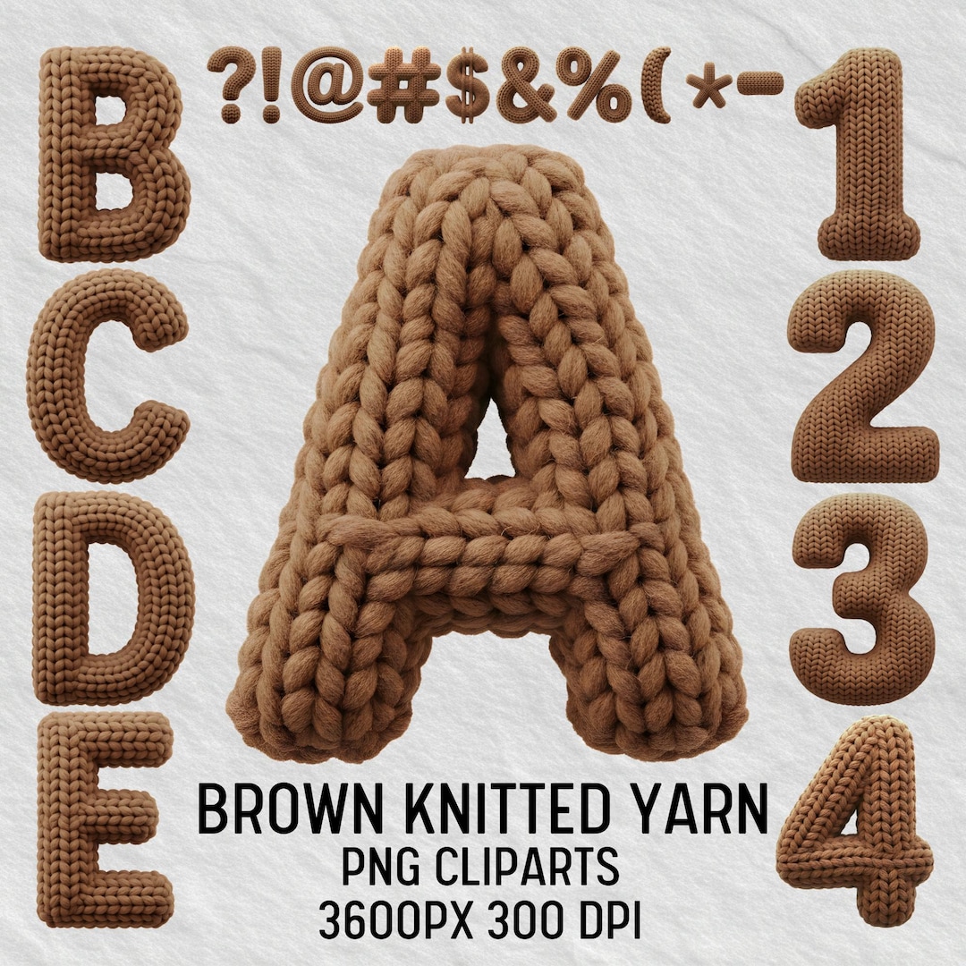 Yarnbold Letters Brown Knitted Yarn Alphabet Clipart PNG Letters Cozy Knitted Font for ...