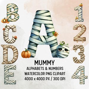 May include: Watercolor clipart featuring mummy-themed letters and numbers. The letters A, B, C, D, and E are shown, along with the numbers 1, 2, 3, and 4. Each character is wrapped in bandages, with pumpkins and floral accents.