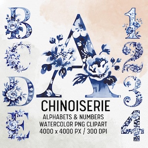 Chinoiserie-alfabet PNG-ontwerpen, aquarel bloemen alfabet png, chinoiserie bloemen clipart, aquarel blauwe chinoiserie, bloemen clipart