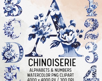 Alfabeto floral chinoiserie PNG Clipart: Letras azules de acuarela (Descarga digital)
