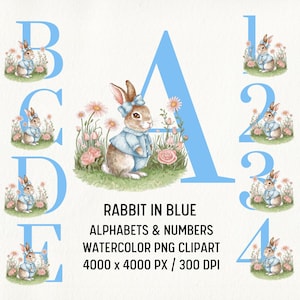Coelho fofo em alfabeto azul Clipart PNG, download digital de letras de coelho, fonte gráfica de animal pastel, monograma de nome infantil, decoração de chá de bebê