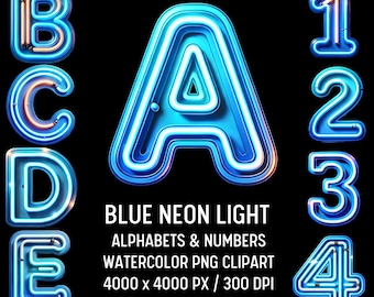 Blue Neon Alphabet Clipart Bundle: PNG Designs (Digital Download)