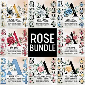 Paquete de imágenes prediseñadas de alfabetos de rosas, letras PNG con diseño floral, imágenes prediseñadas de alfabeto floral, letra de boda, fuente de boda, alfabeto de boda