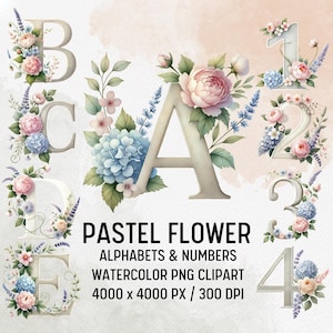 Alfabeto de flores em aquarela PNG, designs de alfabeto de flores em pastel PNG, clipart floral, clipart botânico, clipart de monograma de casamento floral