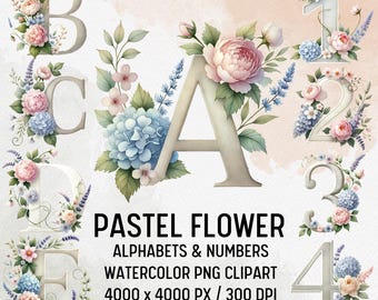 Watercolor Flower Alphabet PNG Clipart: Pastel Floral Letters (Digital Download)