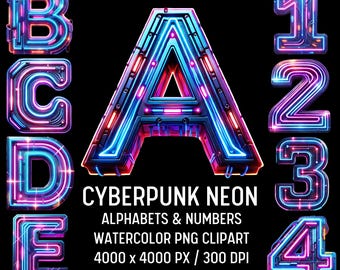 Cyberpunk Neon Alphabet Clipart: PNG Letter Designs (Digital Download)