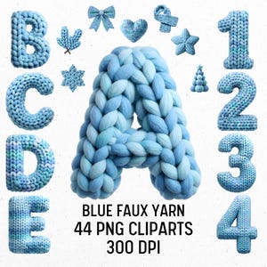 May include: A collection of blue faux yarn cliparts, including letters A-E, numbers 1-4, and various decorative elements like bows, hearts, and stars. The text "BLUE FAUX YARN 44 PNG CLIPARTS 300 DPI" is displayed below the images.