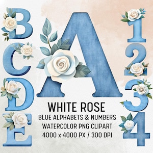 Alfabeto de flores de acuarela PNG, alfabetos de rosas blancas y azules, clipart de alfabeto floral, letra de boda, fuente de boda, alfabeto de boda