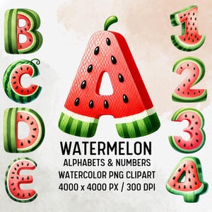 Alfabeto de sandía en acuarela, clip art, fuente de verano, letra de verano, clip art afrutado, letra pintada a mano, alfabeto de acuarela, ambiente de verano
