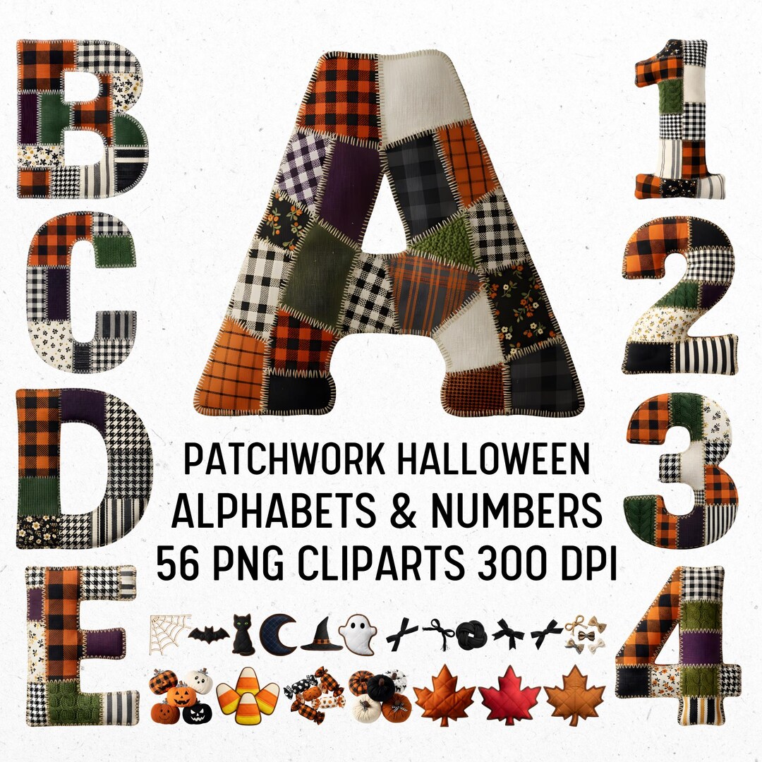 Halloween Patchwork Alphabet PNG Set, Stitched Spooky Letters Clipart ...