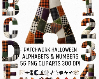 Halloween Patchwork Alphabet PNG Set, Stitched Spooky Letters Clipart, Quilted Fall Font for Halloween Crafts, Sublimation & Decor