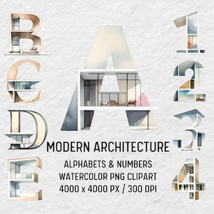 Könnte beinhalten: Aquarell-Clipart mit den Buchstaben A, B, C, D und E sowie den Zahlen 1, 2, 3 und 4, die jeweils als moderne architektonische Strukturen gestaltet sind. Der Text "MODERN ARCHITECTURE" und "ALPHABETS & NUMBERS WATERCOLOR PNG CLIPART" ist enthalten.