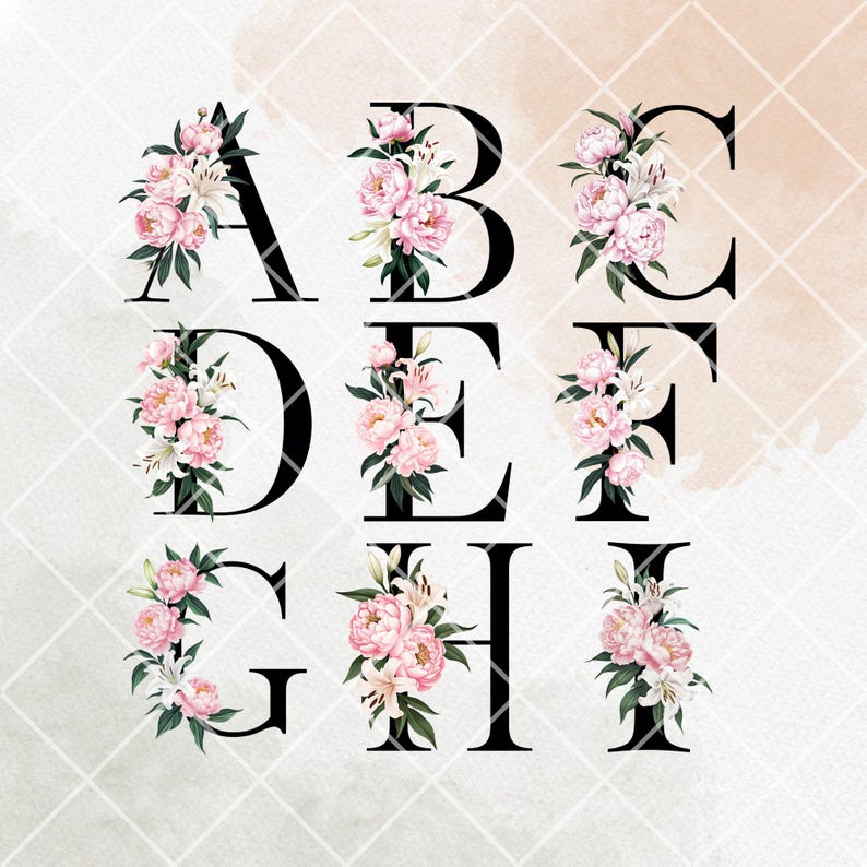 Peony & Lily Floral Alphabet Clipart: Watercolor Wedding Letters (PNG ...