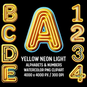 Yellow Neon Alphabet Clipart Bundle: PNG Designs (Digital Download)