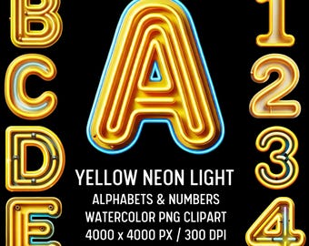 Yellow Neon Alphabet Clipart Bundle: PNG Designs (Digital Download)