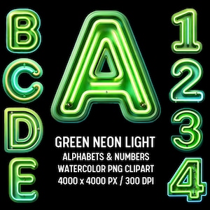 Green Neon Alphabet Clipart Bundle, Neon Letters PNG designs, Neon Monogram, Neon Doodle, Neon Sign Font, Neon Sign Letter, LED Font