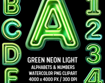 Grönt neonalfabet Clipart-paket: PNG-designer (digital nedladdning)