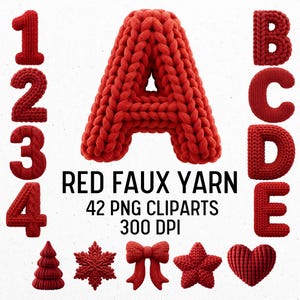 May include: A collection of red faux yarn clip art including the letters A to E, numbers 1 to 4, and festive shapes like a tree, snowflake, bow, star, and heart. The image also contains the text "RED FAUX YARN 42 PNG CLIPARTS 300 DPI".