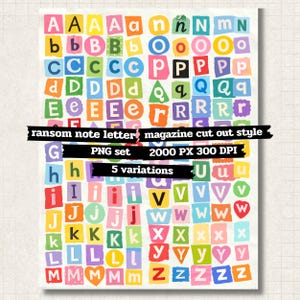 Puede incluir: Un colorido collage de letras recortadas al estilo revista, dispuestas sobre un fondo blanco. Las letras están en un estilo de nota de rescate, con una variedad de colores. El texto de la imagen dice "ransom note letter magazine cut out style".