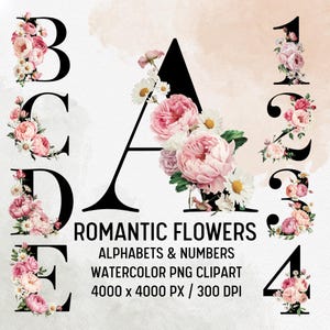 Aquarell Blumen Alphabet Designs, Romantische Blume Alphabet Clipart, rosa Pfingstrose Gänseblümchen, Blumen Alphabet Clipart, Hochzeitsbrief