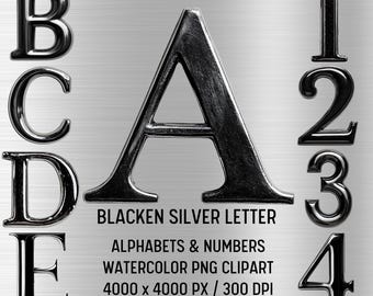 May include: Blackened silver alphabet letters and numbers on a brushed metal background. The letters B, C, D, E, and A are displayed, along with the numbers 1, 2, 3, and 4. The text "BLACKEN SILVER LETTER" is also visible.