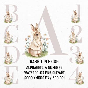 Coelho fofo em clipart de alfabeto bege PNG, download digital de letras de coelho, gráfico de fonte de animal pastel, monograma de nome infantil, decoração de chá de bebê